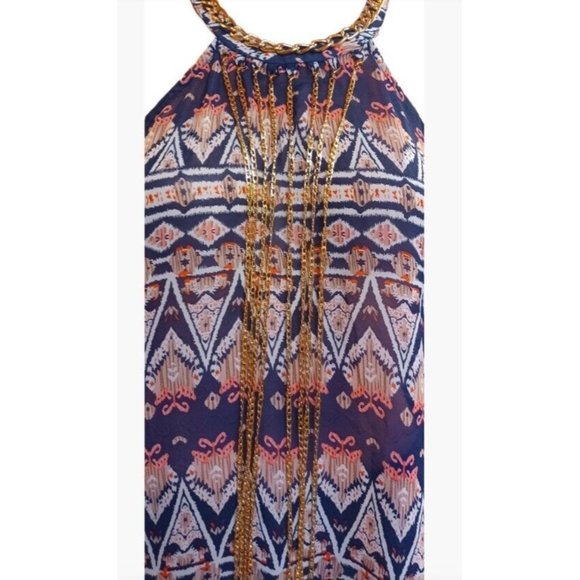 LOVE SONG WOMEN'S TOP-Fringe Multicolor Halter Gold Chain Geometric- Large - Picture 7 of 10